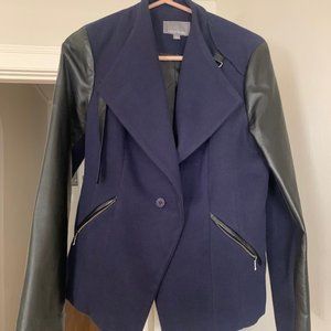 Navy blazer with faux leather arms